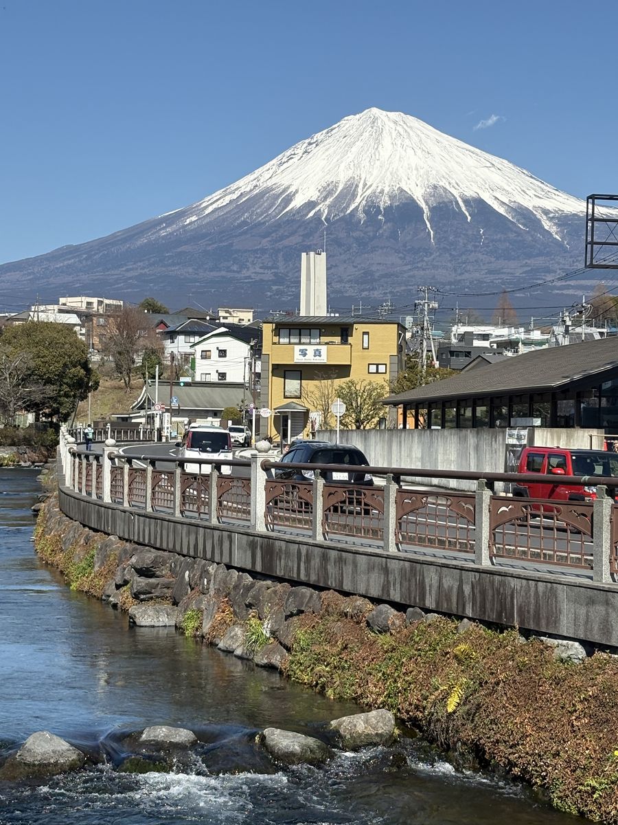 Mt. Fuji rising over the river and rooftops of Fujinomiya